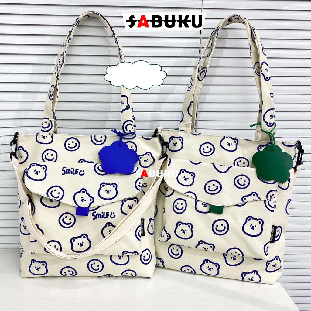 Tas Wanita Tote Bag Resleting Totebag Kuliah Cewek Kekinian Bahan Kanvas Tas Selempang SMILE -271