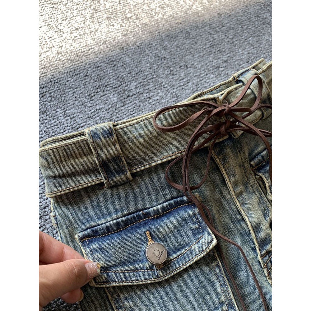 Suhao Amerika Retro Tua Mikro Berkobar Jeans Wanita Musim Gugur dan Musim Dingin Horseshoe Celana Slim-Fit Diperpanjang Mengepel Tepi Mentah mikro Berkobar Celana