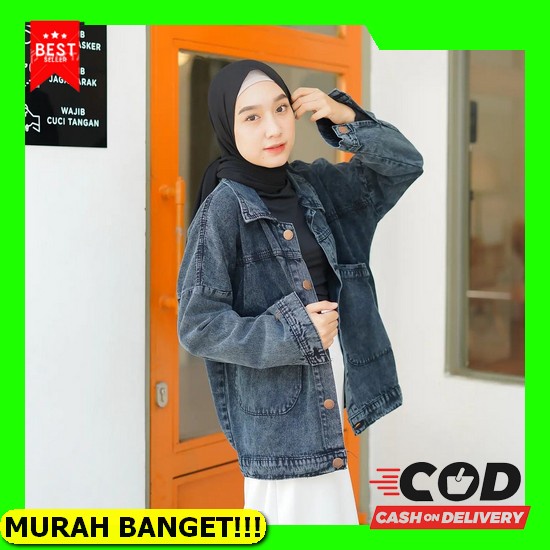 Nuber - Pea Crop Jaket Jeans Wanita Blue Cream Oversize Jaket Jeans Naisila Ly