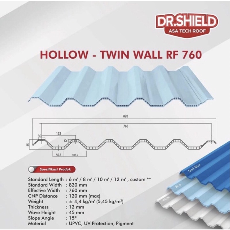 Dr Shield Atap U PVC tebal 12 mm lebar effektif 76 cm per meter pengiriman Jabodetabek