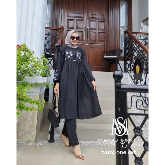 NAMI ONE SET CRINKLE PREMIUM APIKASI BORDIR/SETELAN MUSLIM WANITA JUMBO/LILONA SET TUNIK + CELANA POLOS MIX BORDIR/FAR MOSLEMSTORE