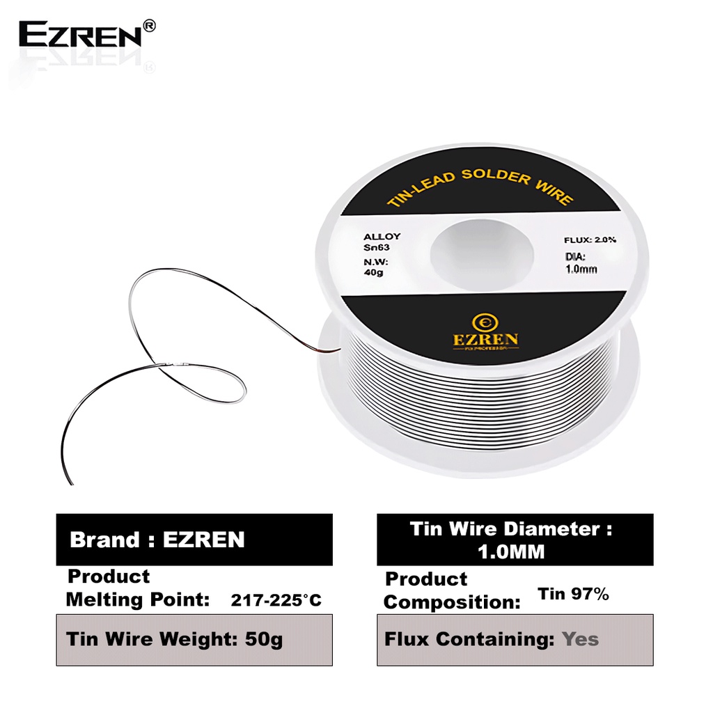 Ezren Timah Gulung Solder Kawat Las Rosin Core Tin Flux 2.0% 1.0mm