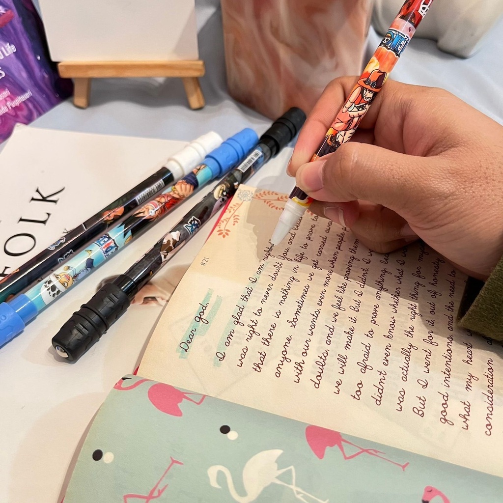 PULPEN PUTAR MAGNET ONE PIECE 4 WARNA HARGA TERMURAH KUALITAS TERBAIK PEN GEL HITAM KARAKTER ONEPIECE LUCU IMUT STATIONARY UNIK ANAK-ANAK BISA GROSIR DAN COD