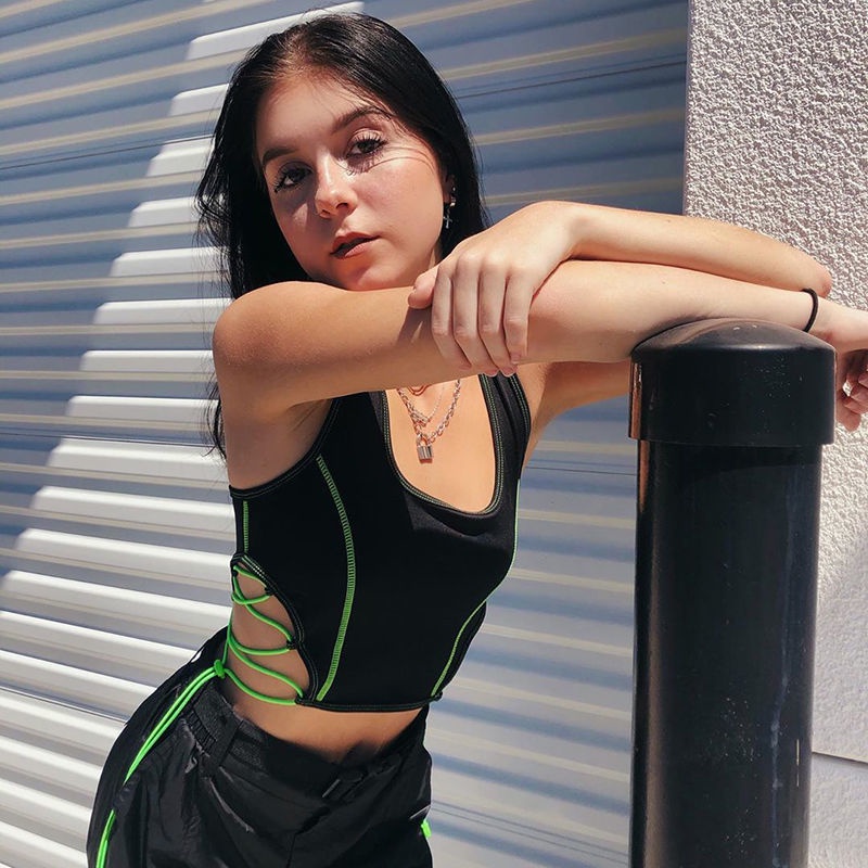 Red IAMHOTTY Neon Hijau Tali Berongga Rompi Wanita Eropa dan Amerika Pendek Slim Fit Pusar Luar Memakai Serbaguna Atasan Tanpa Lengan