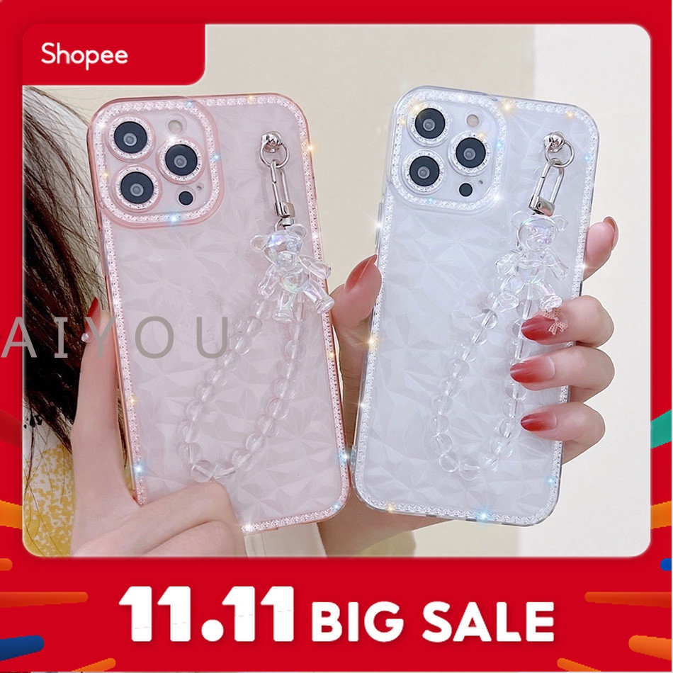 Soft Case Silikon Motif Beruang Dengan Rantai Untuk iPhone 14 Pro MAX 7 8 Plus 11 12 13 Pro MAX X XR XS MAX SE 2020 2022