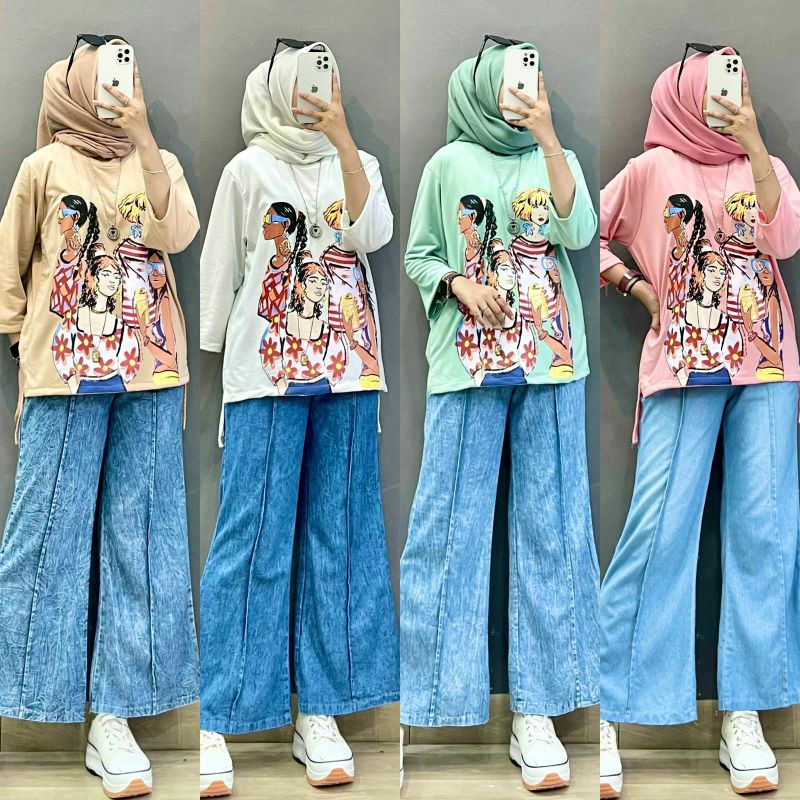 Fashion Girls Set, SETELAN KAOS &amp; JEANS KULOT WANUTA FIT XXL TERMURAH OOTD MODIS