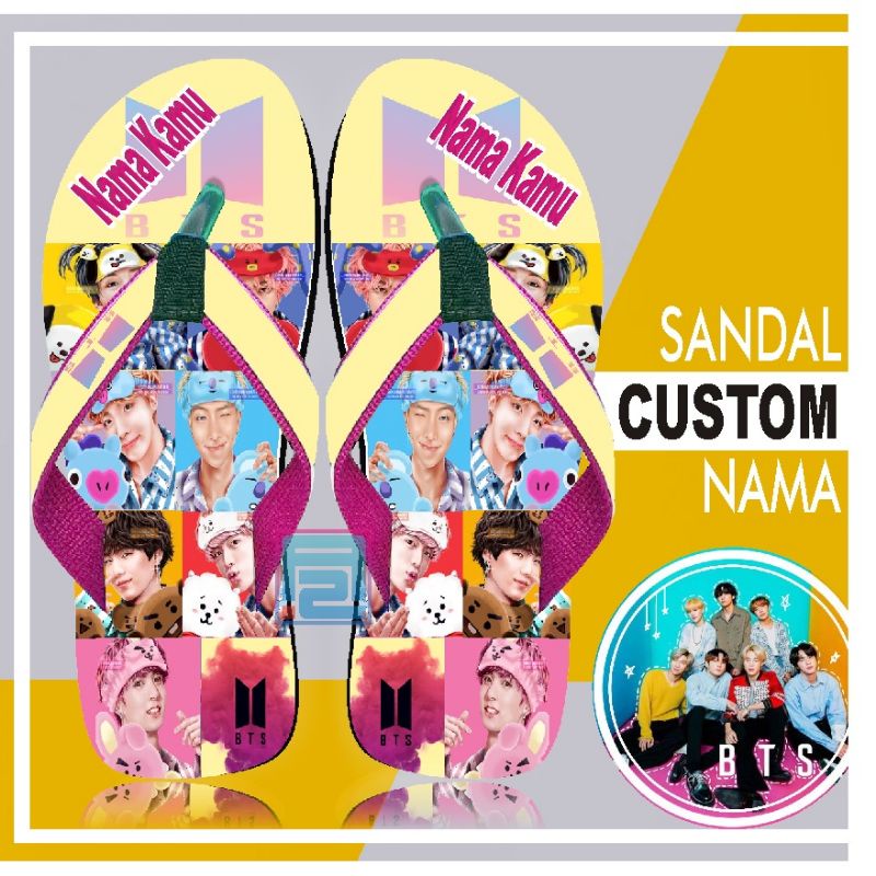 Sandal Custom Nama karakter BTS Anak/Dewasa FREE Costum Suka Suka