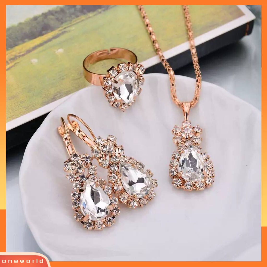 3pcs / Set Kalung Anting Cincin Liontin Water Drop Berlian Imitasi Bahan Alloy Warna Cerah