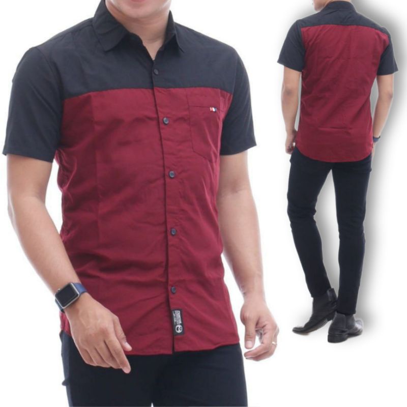 Kemeja Pria Lengan Pendek Kombinasi Warna Korean Style