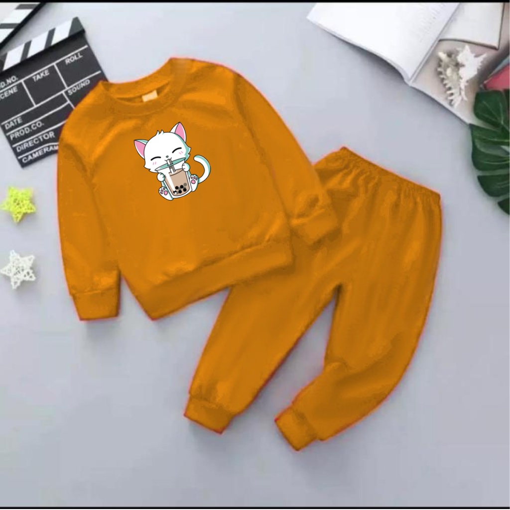 Setelan Sweater Anak Cat Boba Basic Oblong