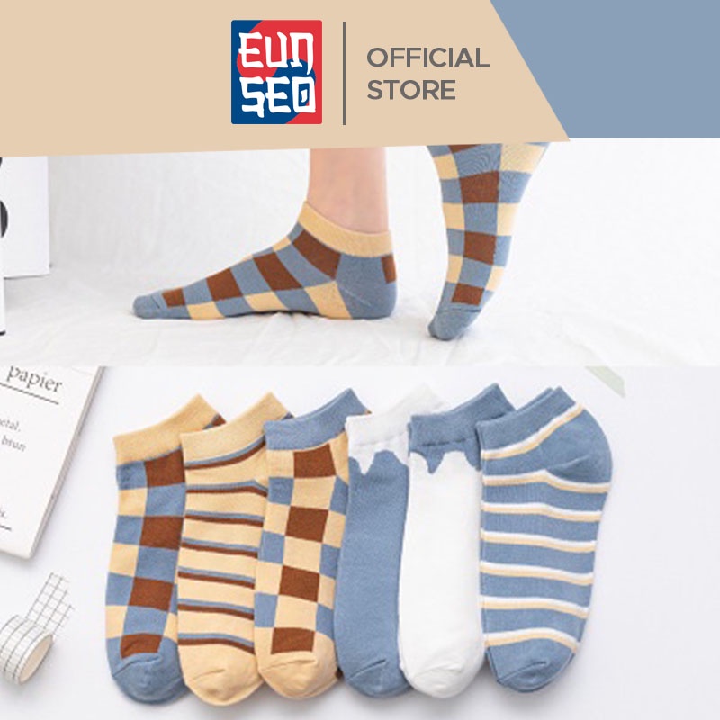 EUNSEO Kaos Kaki Pendek Wanita Motif Catur Kaoskaki Ankle Cute Fashion Korea Premium