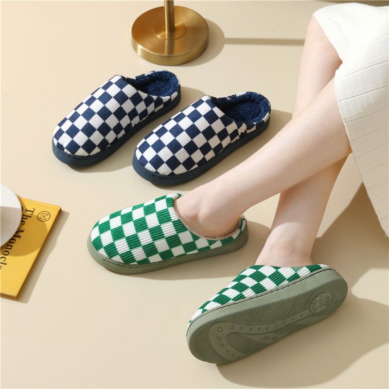 SANDAL RUMAH KOREA BULU SLIP ON CHECKERED BOARD