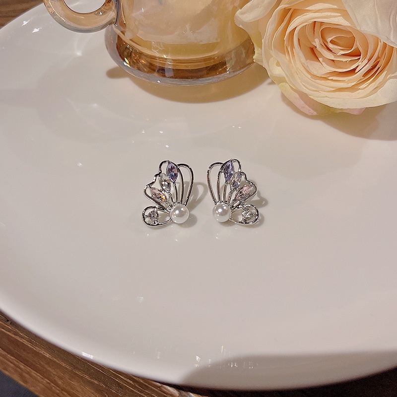 Anting Tusuk Sterling Silver 925 Desain Kupu-Kupu Hias Zircon + Mutiara Mewah Untuk Wanita