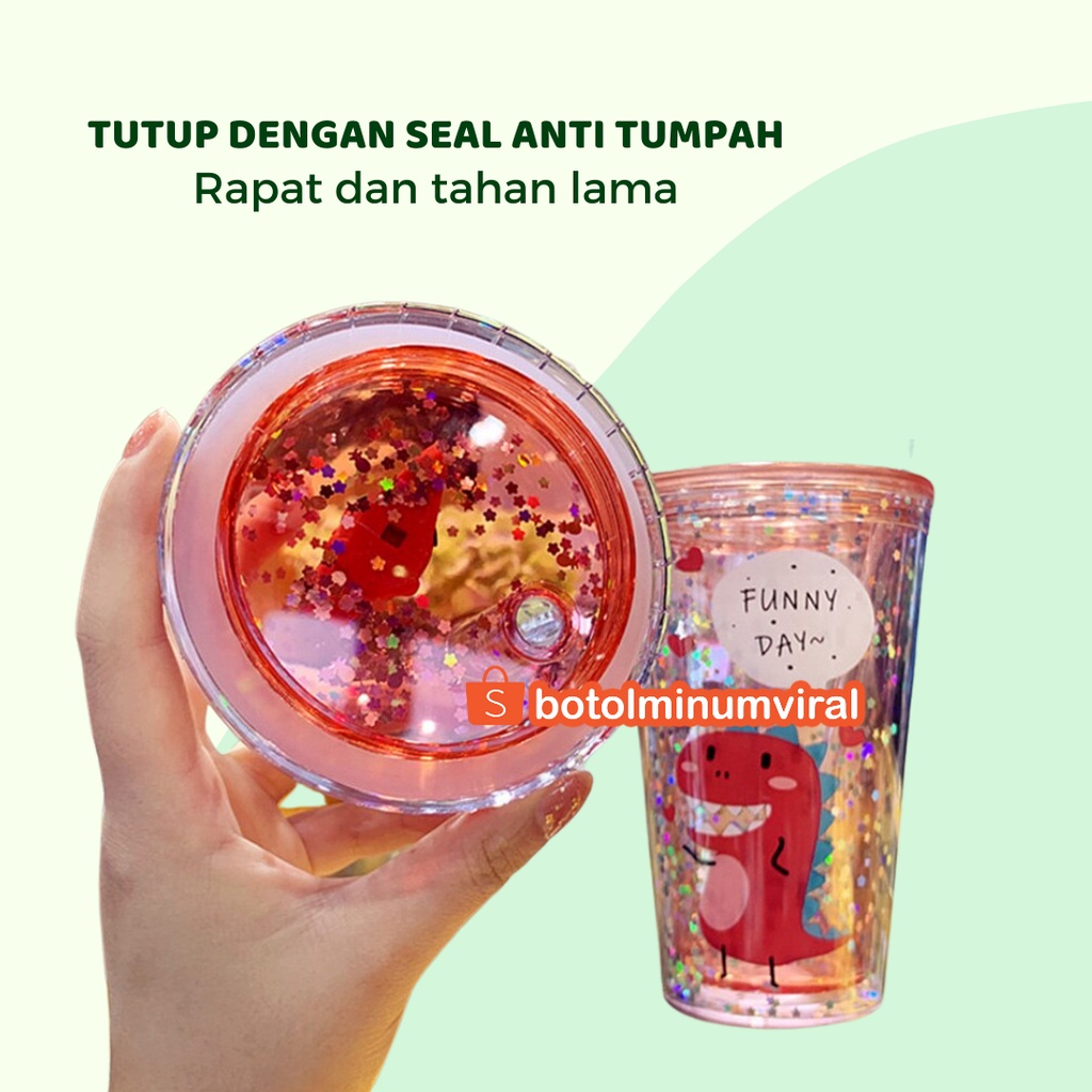 Botol Minum Glitter Tumblr Unicorn Dino Sedotan Viral Hadiah Aesthetic Premium Import