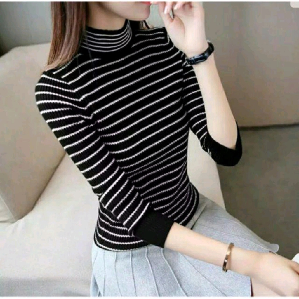 BISA COD - Atasan Rajut Press Body FELYSIA Turtleneck Stripe/ Felysia Strip Turtleneck rajut wanita