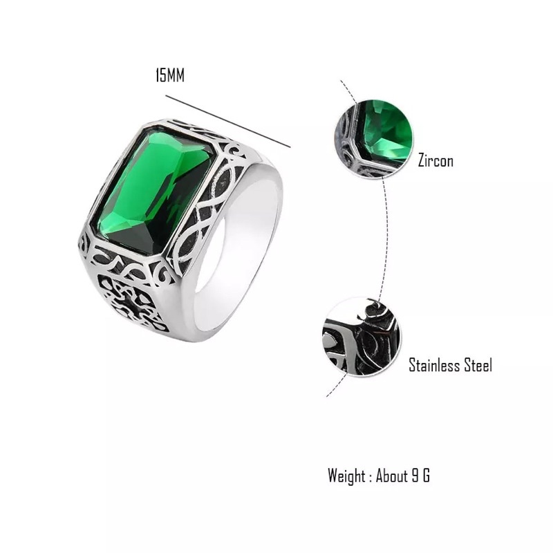 Cincin Batu Zamrud Emerald Hijau Botol Ring Titanium Mewah