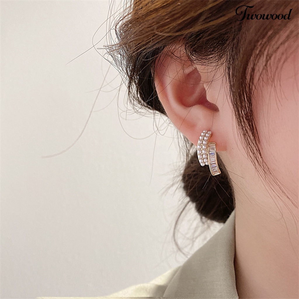 1 Pasang Anting Stud Mutiara Berlian Imitasi Double Layer Untuk Wanita