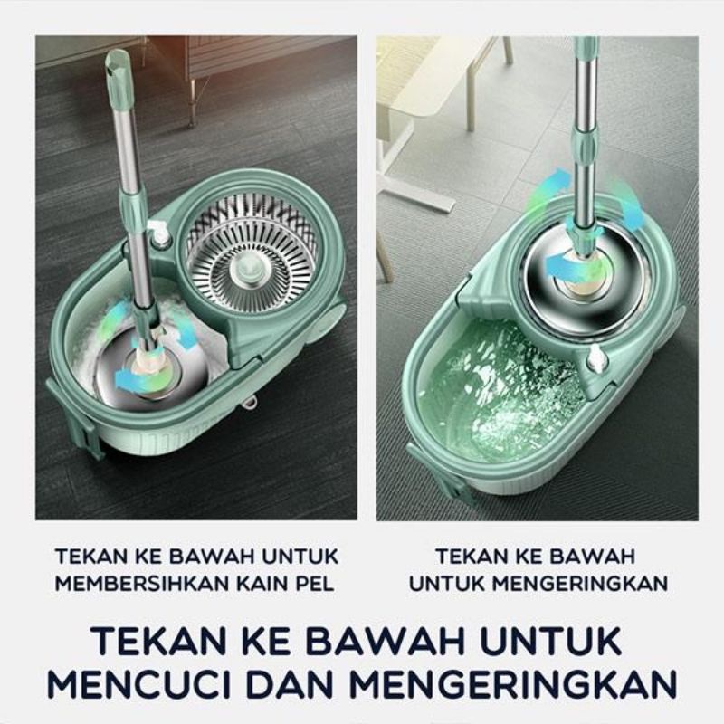 (BON-BOX) Satu Set Cleaning Tools/ Alat Pel Lantai Kain Fiber + Ember Spin Mop Alat Pembersih Lantai