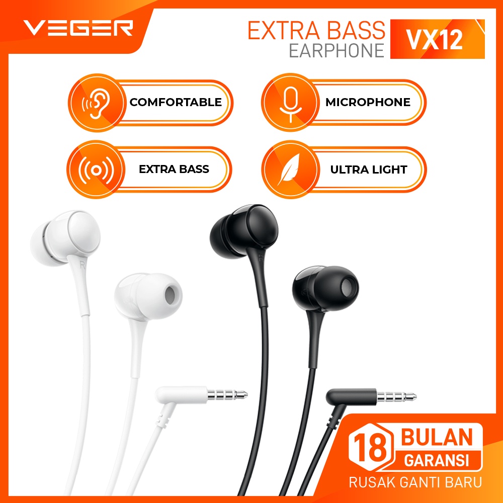 VEGER VX12 Wired In Ear Earphone 3.5mm With Microphone Stereo Extra Bass Handsfree Headset