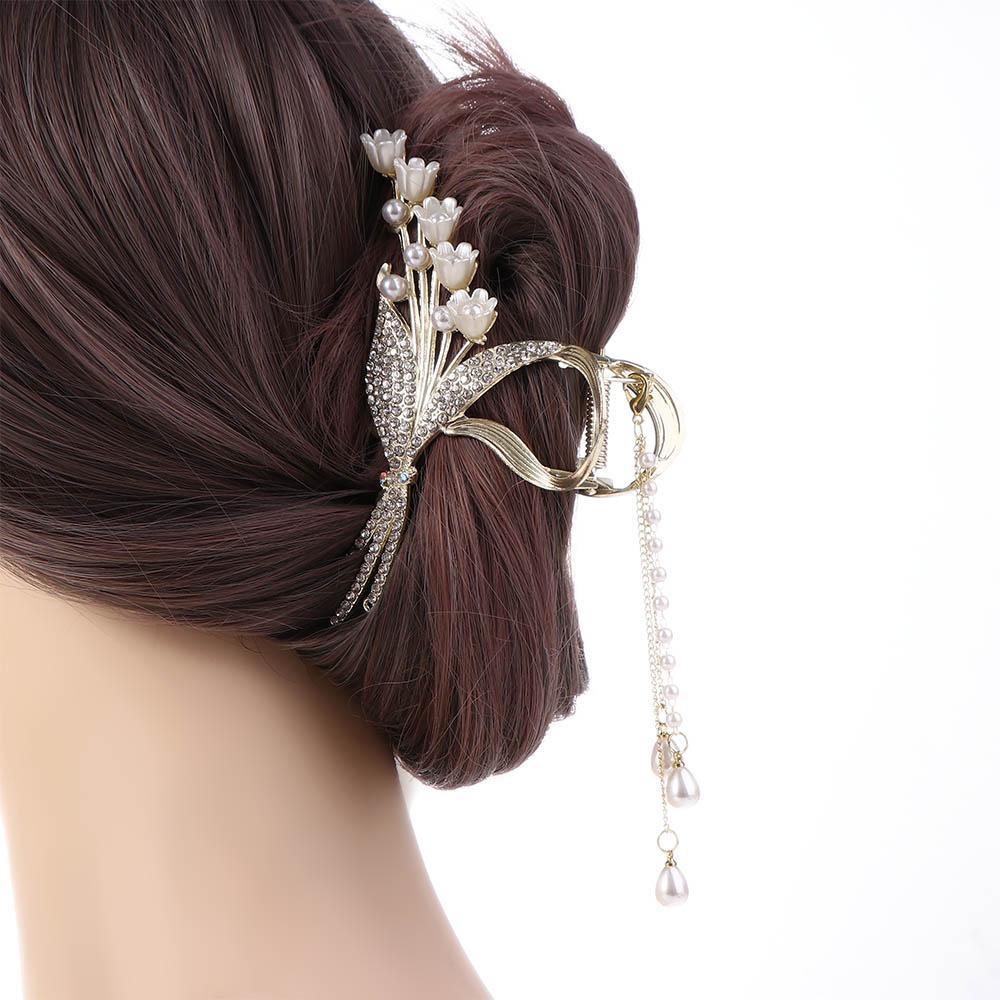 Needway  Padi Bunga Rambut Cakar Jepit Rambut Elegan Fashion Mutiara Untuk Gadis Ponytail Holder Hiasan Kepala Berlian Untuk Wanita Gaya Korea Hair Clip