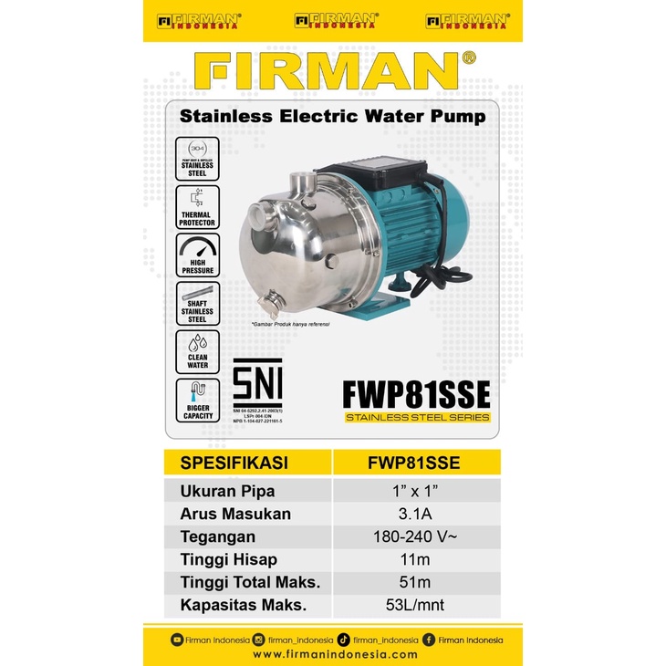 Pompa Air SEMIJET Steinless 1&quot; FIRMAN FWP81SSE / Water Pump Air Depot Sumur Jetpump 1 Inch FWP 81 SSE FIRMAN FWP-81SSE