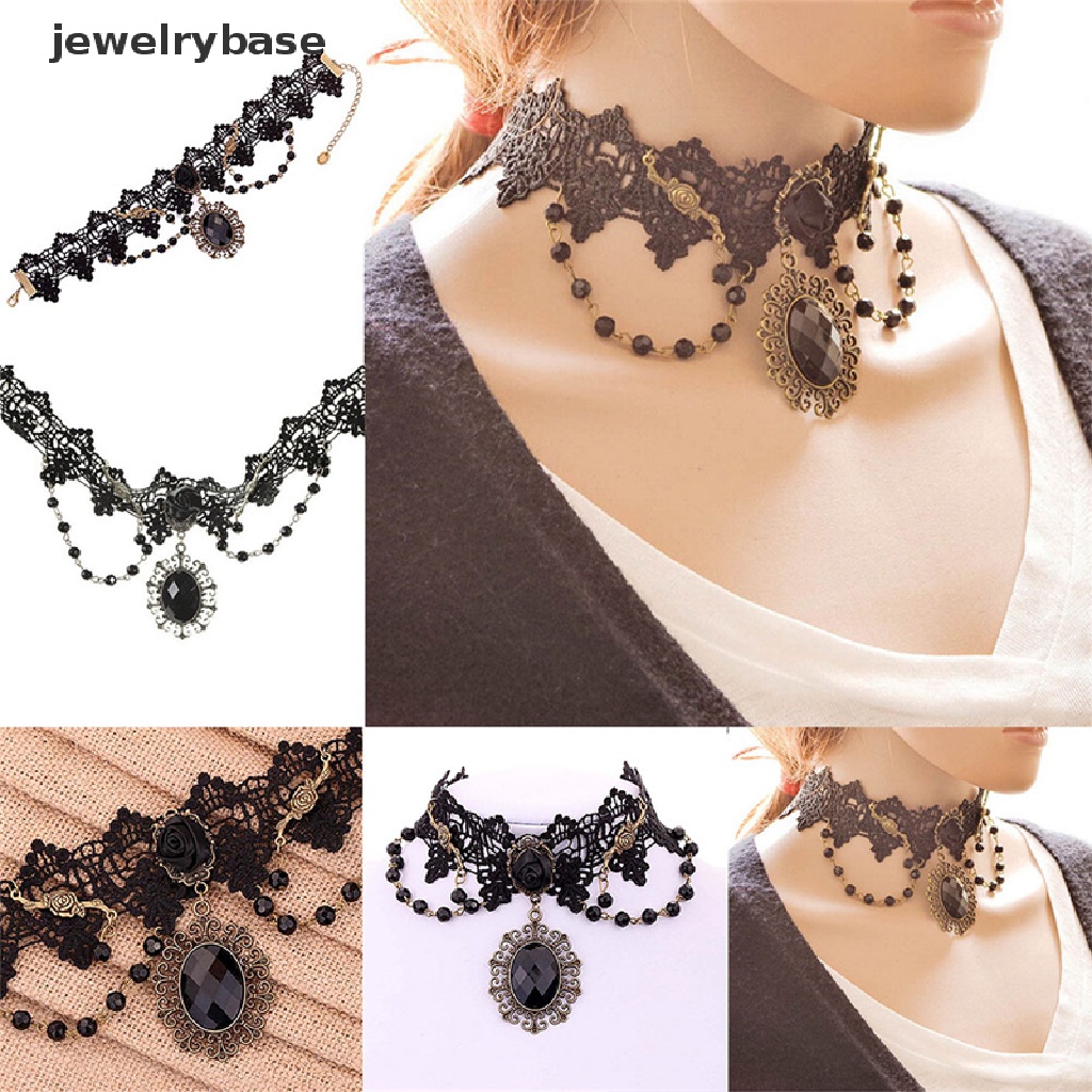 Kalung Choker Rantai Manik-Manik Renda Bunga Mawar Hitam Gaya Gothic Lolita