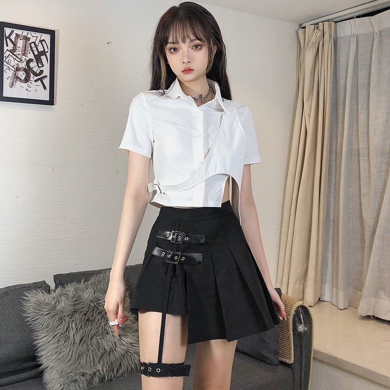 Red Rapcopter lipit rok perempuan cincin kaki asimetris hot gadis hitam dasar rok pasang rok tipis seksi