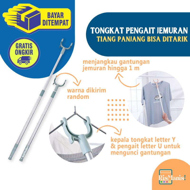 RETRACTABLE CLOTHES DRYING ROD - Tongkat Pengait Hanger Jemuran Tiang Penyangga Gantungan Baju Bisa Ditarik Panjang 1 meter