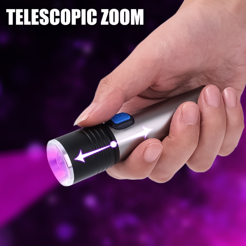 Lampu Senter LED UV Mini 395nm Zoomable Rechargeable Portable