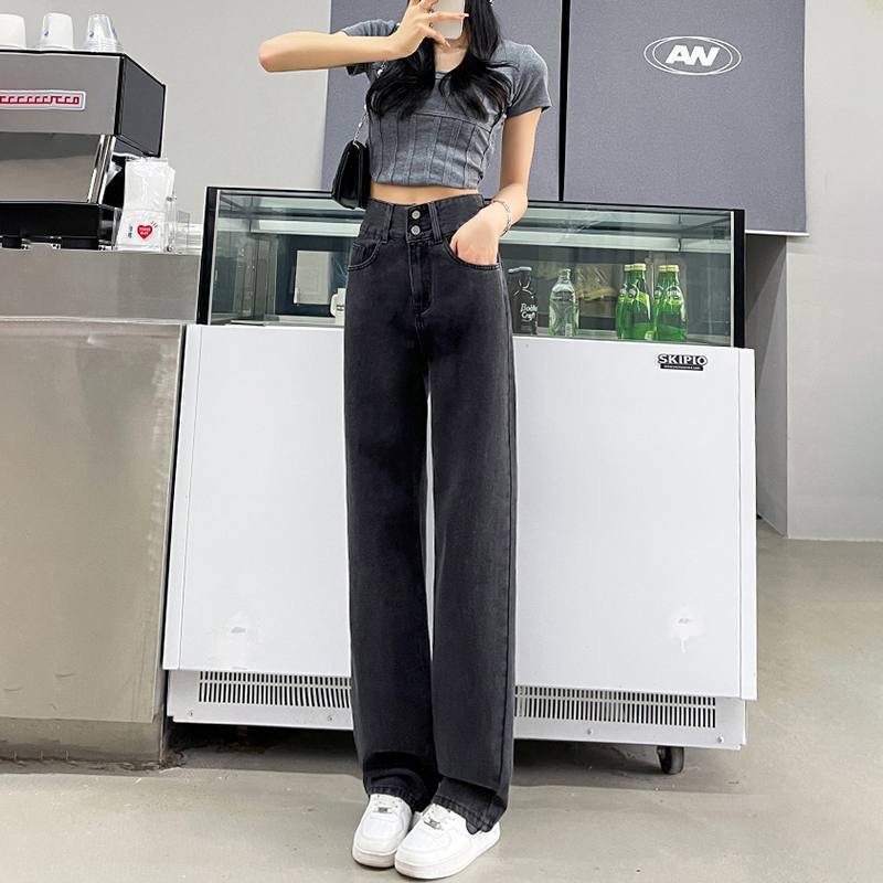 Suhao hitam dan abu-abu high-waist wide-leg jeans wanita 2022 musim semi dan musim gugur terlihat tipis dan all-match menggantungkan kaki lurus mengepel celana hot girl tide