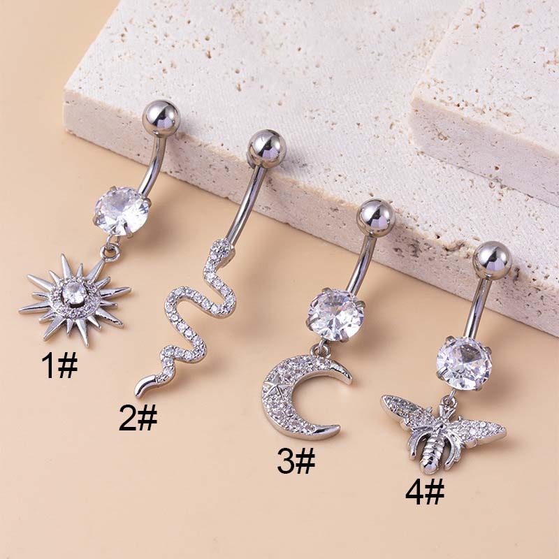 1pc Cincin Tindik Pusar Bentuk Matahari Bulan Ular Butterfly Bahan Stainless Steel 14Gauge