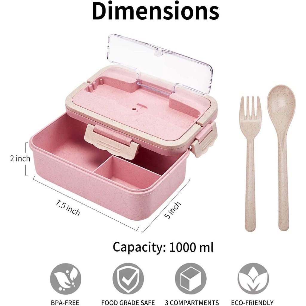 Kotak Tempat Makan Bahan Jerami Gandum Lunch Box Dengan Sendok Garpu Travelling Lunch Box Set Jerami