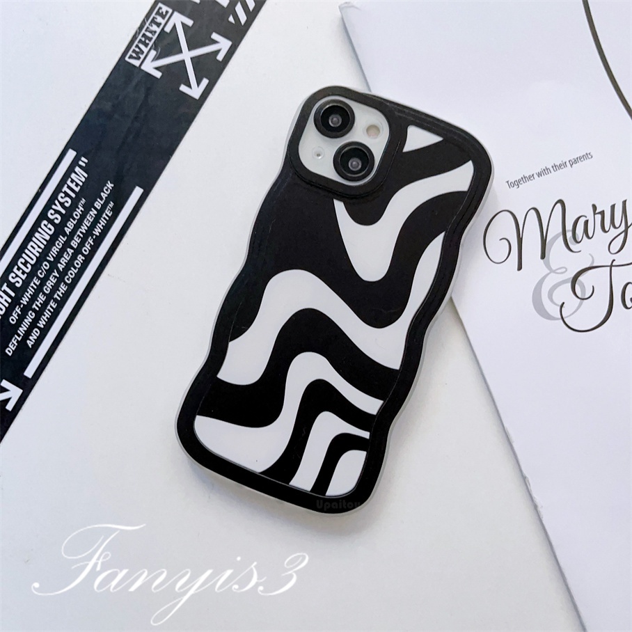 Compatible For iPhone 14 13 12 11 Pro Max X XR Xs Max 8 7 6 6s Plus SE 2020 Soft Case TPU Motif Garis Gelombang Hitam Putih Untuk