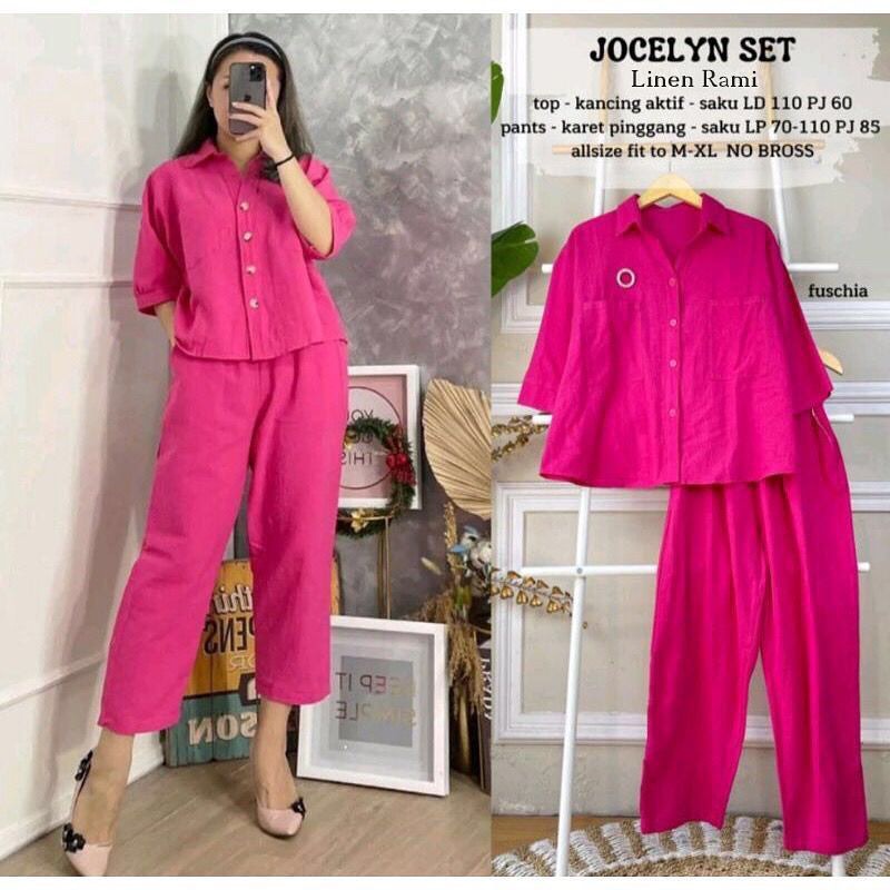Kameja Atas & Celana polos Wanita JOCELYN SET Bahan Linen Katun Rami