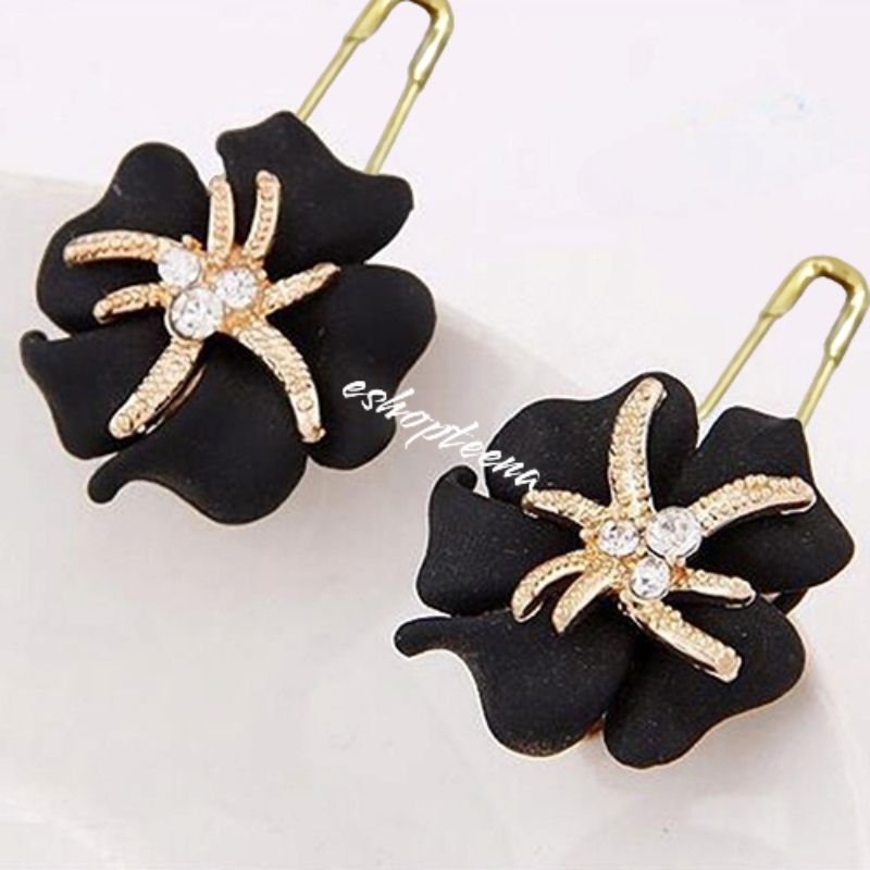 A64 Anting hijab 2in1 (anting jepit &amp; peniti) bunga warna gold _anting jilbab
