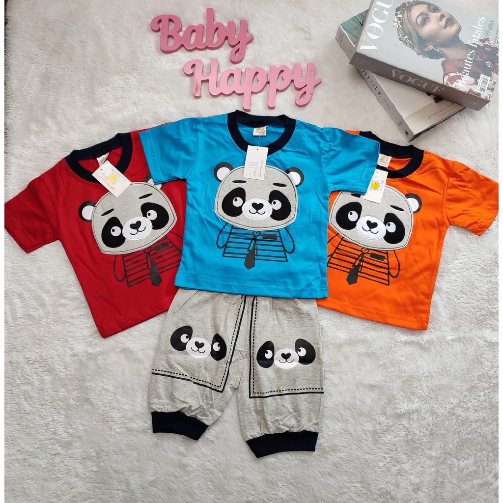 Setelan Pendek Baju Anak Cowok Motif Panda Usia 3-12 Bulan Cola Bear