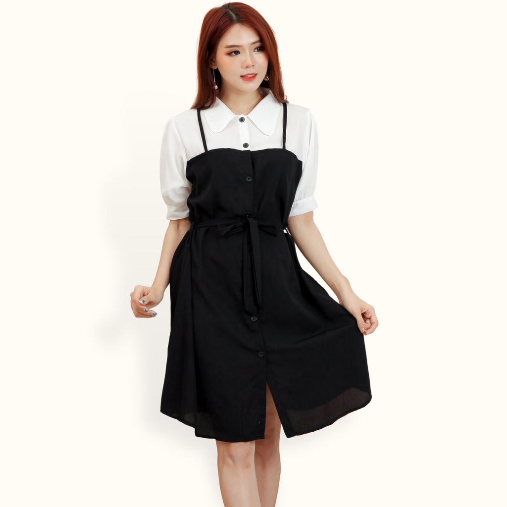 Midi Dress tunik Lengan pendek wanita gaya korea kombinasi warna - XSHOP Kenisha SS