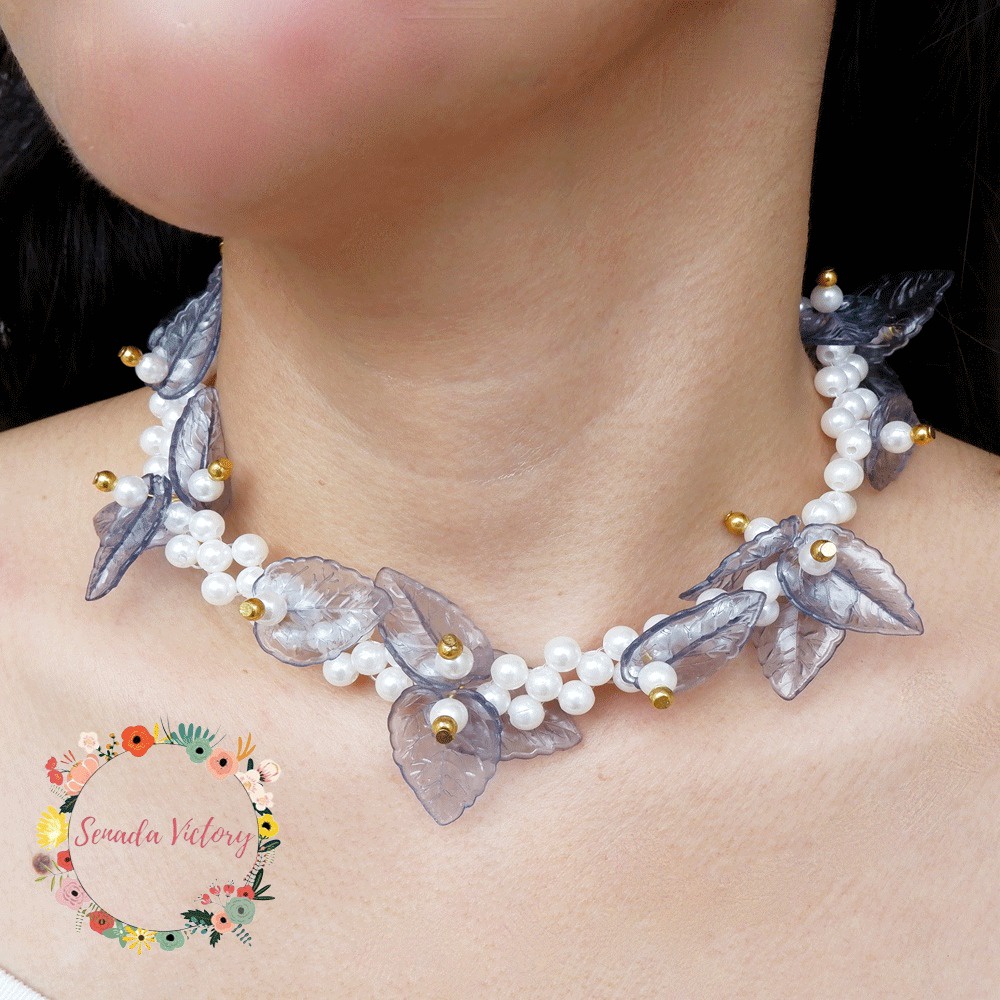 Kalung Choker Pearl Necklace Senada Victory Aksen Daun Mutiara Kekinian SK081