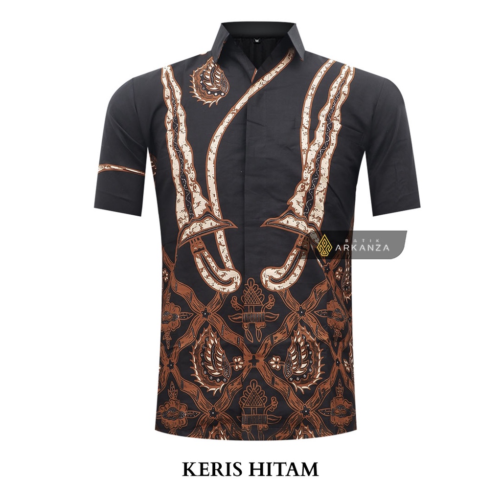 BATIK ARKANZA Motif KERIS HITAM Hem Atasan Kemeja Baju Batik Pria Cowok Laki Laki Slimfit Full Lapis Furing Lengan Panjang