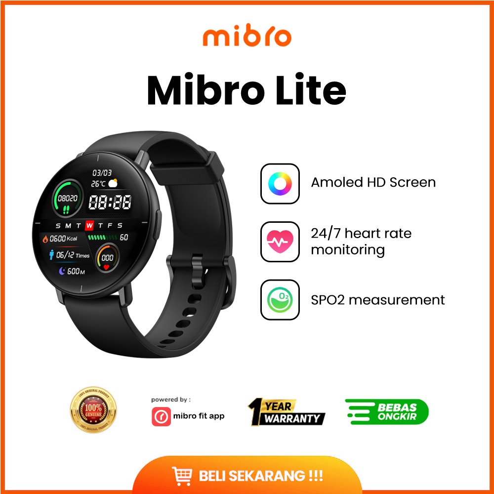 Xiaomi Mibro lite fashion 1.3 inch smartwatch  jam tangan pintar Amolen screen waterpoof Heart Rate Monitor, SpO2 Calorie Count, Step Count, Sleep Monitor, Alarm