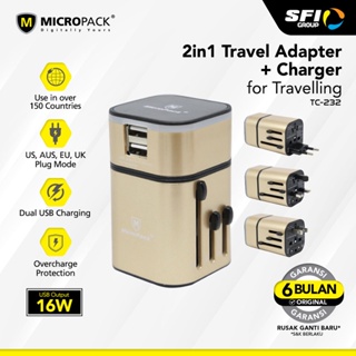 Micropack Universal Travel Adaptor 2 USB Charger 3.2A Gold - TC-232