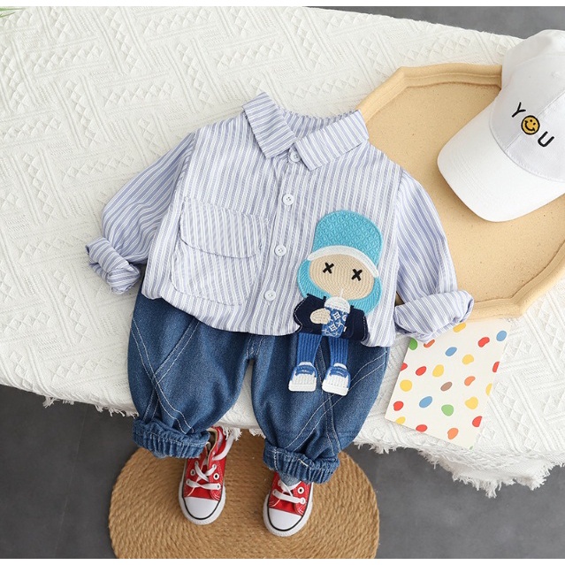 Baju Setelan Anak Cowok Lengan Panjang Impor PREMIUM QUALITY- MATA SILANG KEMEJA + JEANS