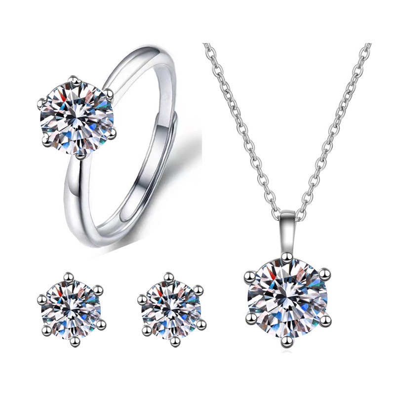 Set Kalung Cincin Stud 925 Silver Hias Zirkon Gaya Klasik