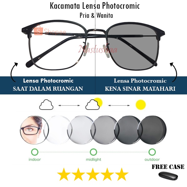 Kacamata Photocromic Wanita Pria Berubah Warna Frame Kotak Vintage Fashion Import Korean Unisex FREE CASE