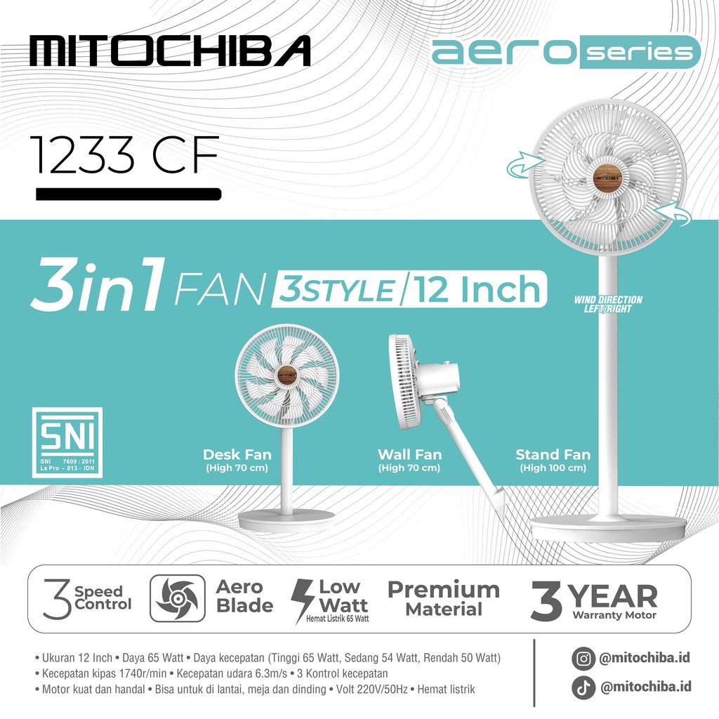 MITOCHIBA KIPAS ANGIN AERO SERIES 12 INCH 1233 CF / 1233CF 3 IN1 FAN Stand Fan, Desk Fan, Wall Fan