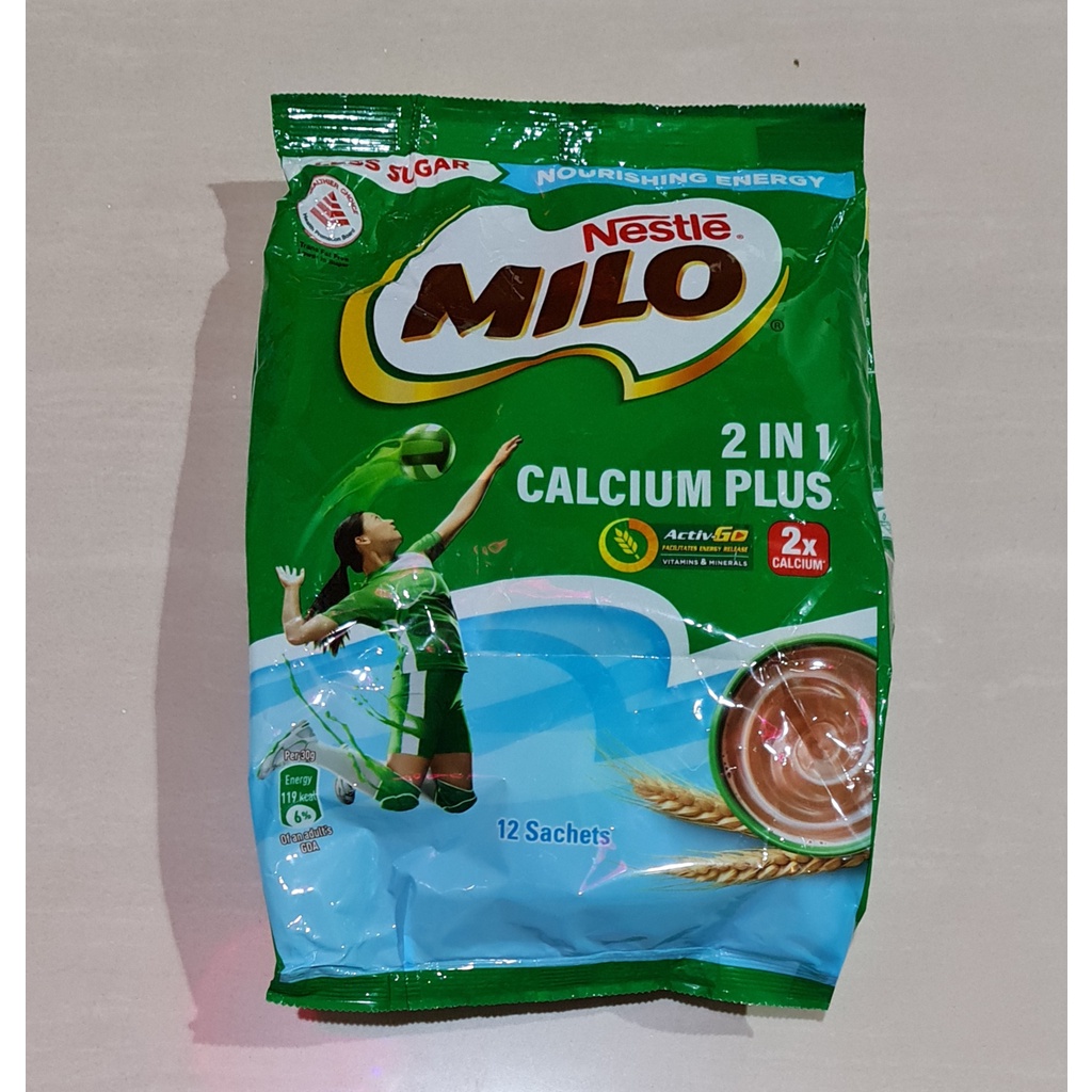 Nestle Milo 2 in 1 Calcium Plus Less Sugar Chocolate Drink 12 x 30 Gram