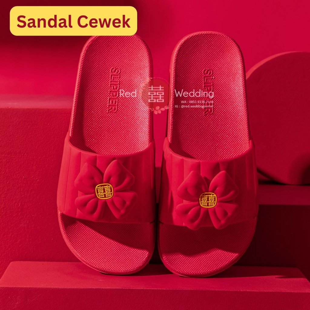 [Logo Small Xi] Sandal Merah Bahan KARET Pengatin Groom /Bride  Sepatu Wedding dengan Logo Shuang Xi Sanghi