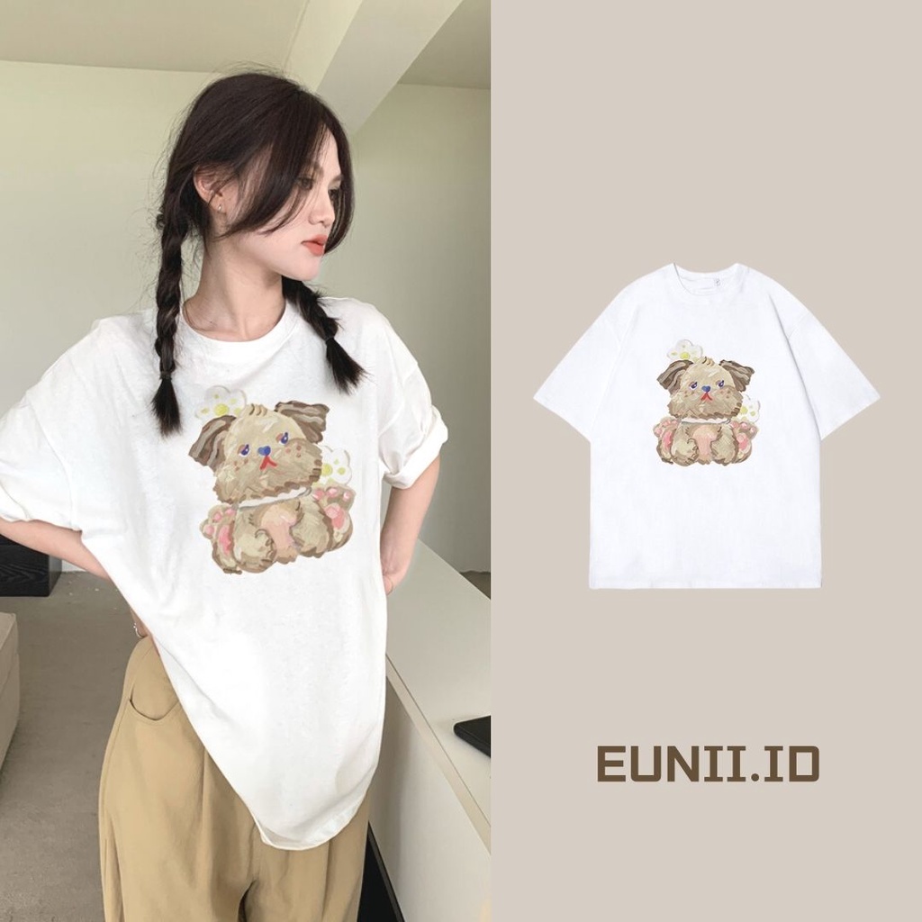 EUNII T-shirt Lengan Pendek Cartoon Oil Painting Dog Korean Style/Kaos Atasan Wanita/Baju Kaus Oversize Wanita