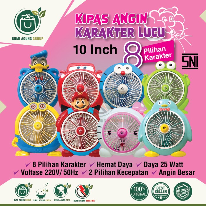 Kipas Angin Karakter Portable Mini 10 inch WELHOME 25cm 25 cm 10in 10inch Cars Doraemon Donald Duck Mario Hello Kitty Pinguin Keropy Minion Spiderman Pikachu SNI LUCU MURAH cocok untuk hadiah dan anak anak