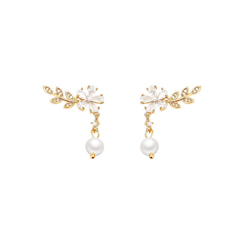 Anting Tusuk Sterling silver 925 Desain Bunga + Daun Hias Zircon + Mutiara Untuk Wanita